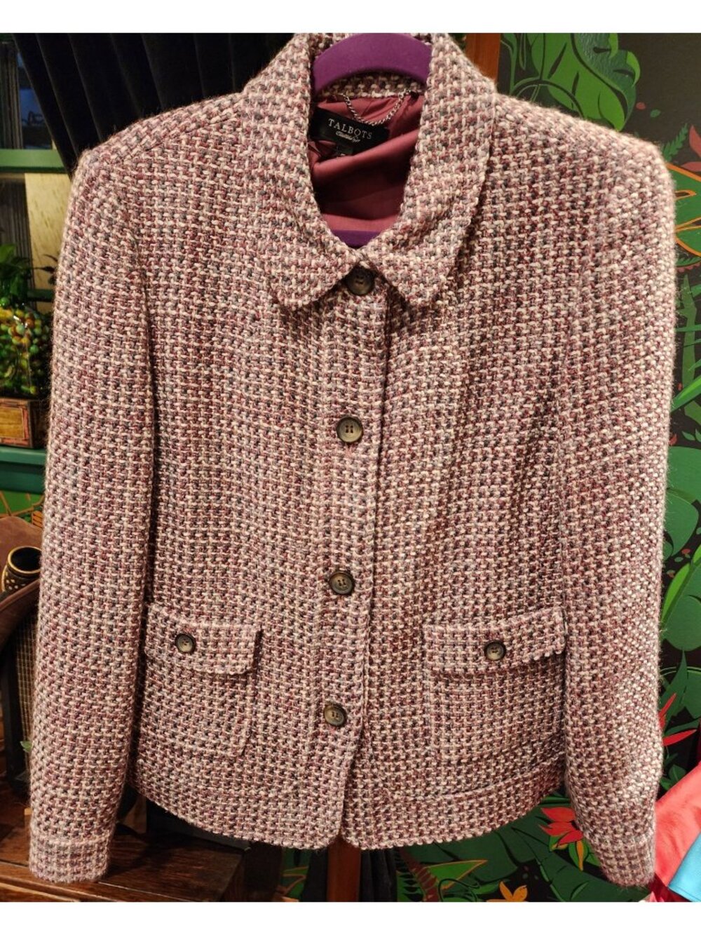 Talbots Womens Tweed Button-Up Blazer Jacket Size 14 Pink/White Textured Pockets